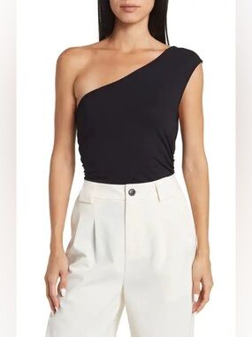 BCBGMAXAZRIA One-Shoulder Black Ruched Knit Top